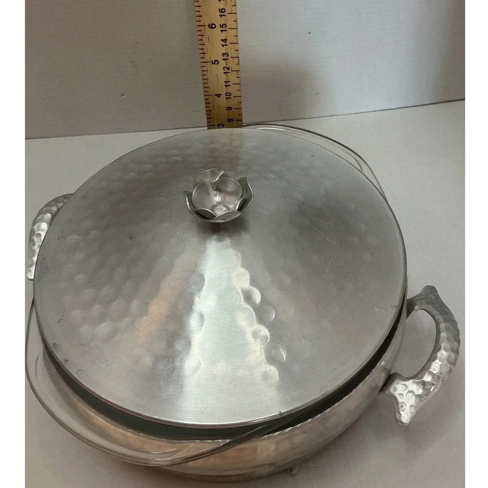 Vintage Hammered Aluminum Casserole Dish with Glass Insert Silver 9in